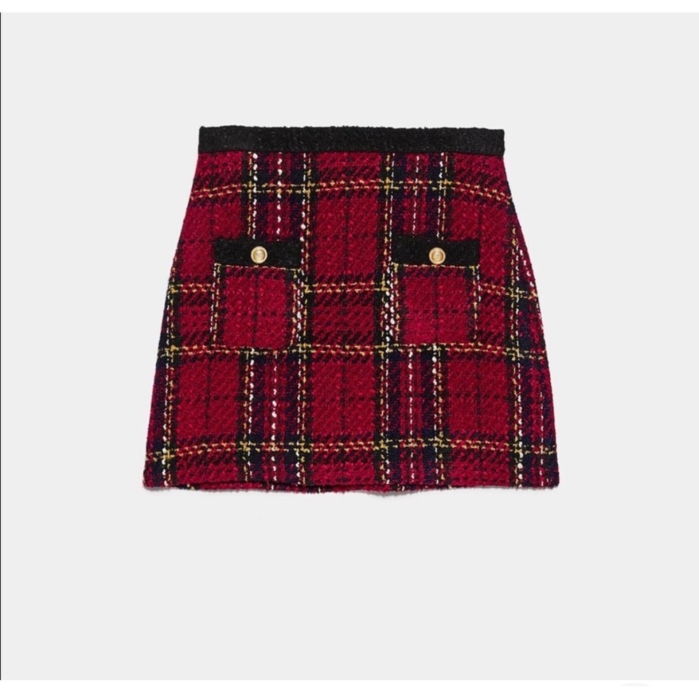 Zara Red Plaid Bouclé Tweed Mini Skirt Black Trim Gold Buttons XS - Picture 2 of 11
